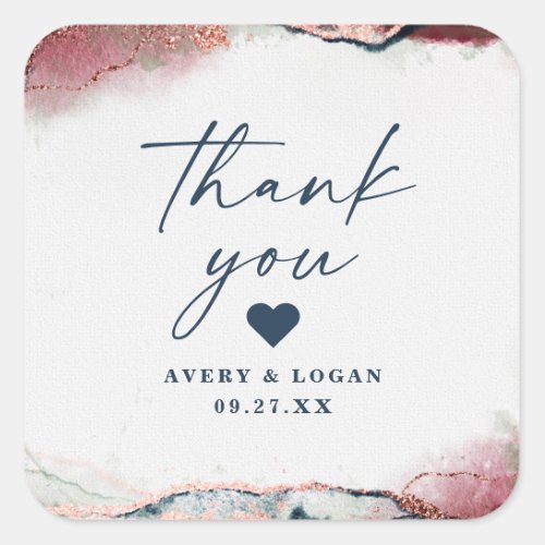 Modern Abstract Burgundy  Navy Wedding Thank You Square Sticker