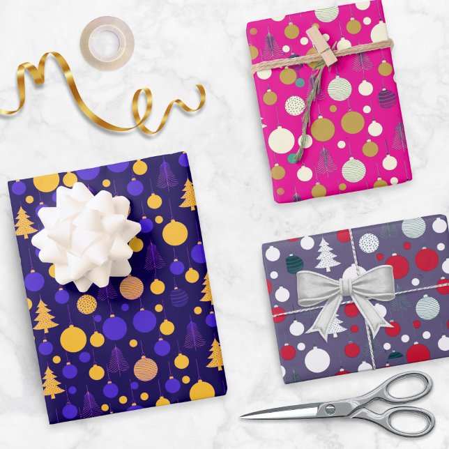 Modern Abstract Christmas Holiday Set of 3 Wrapping Paper Sheets (A set of 3 sheets of Christmas gift wrapping paper, with bright colors and modern design)