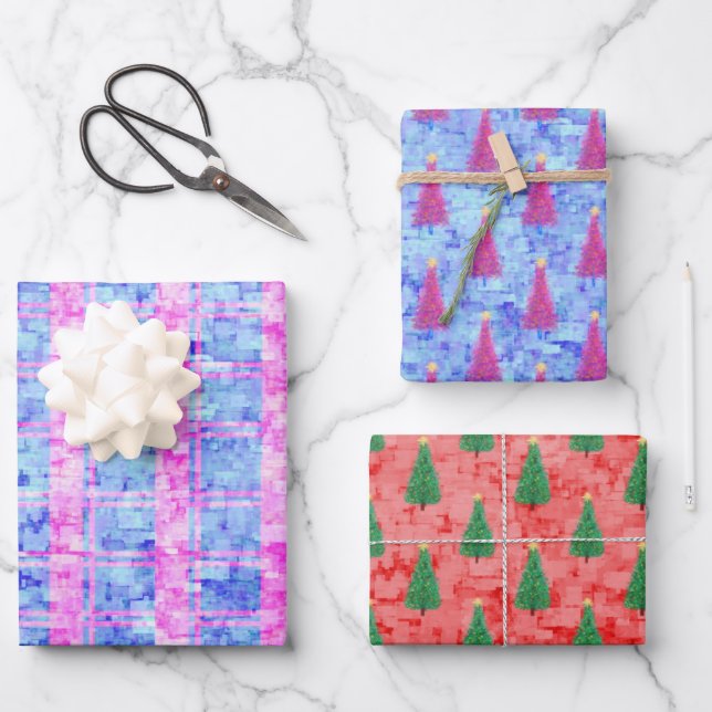 Modern Abstract Christmas Tree Pattern Watercolor Wrapping Paper Sheets (Front)