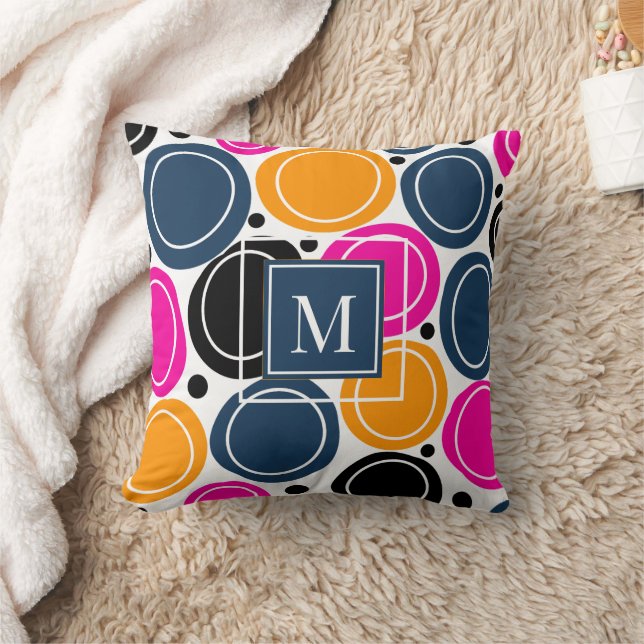 Modern Abstract Circles Monogram Pink Teal Throw Pillow (Blanket)