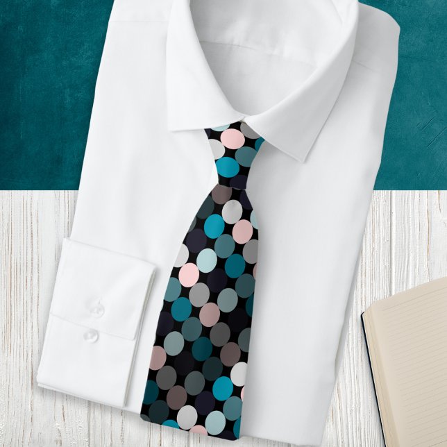 Modern Abstract Circles Patterned Neck Tie (A stylish and modern tie with dots design in teal, blue, gray and pink colors)