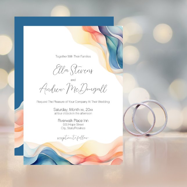Modern Abstract Color Wave Blue Wedding Invitation (Modern Abstract Color Wave Blue Wedding Invitation Card)