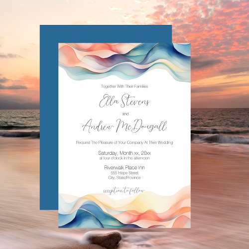 Modern Abstract Color Wave Blue Wedding Invitation