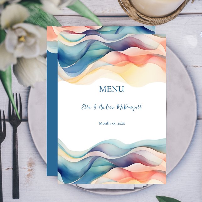 Modern Abstract Color Wave Blue Wedding Menu (Modern Abstract Color Wave Wedding Reception Menu Card)