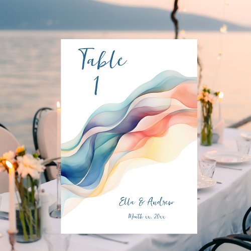 Modern Abstract Color Wave Blue White Wedding Table Number