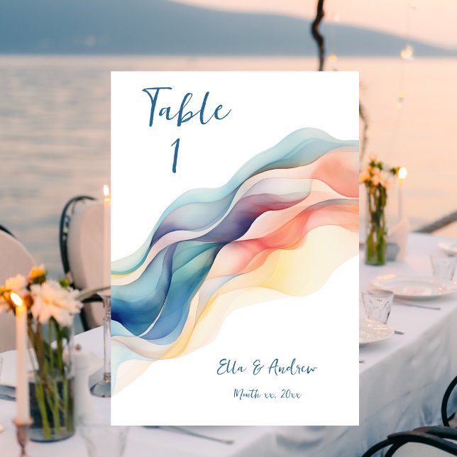 Modern Abstract Color Wave Blue White Wedding Table Number (Modern Abstract Wedding Design Wedding Table Card)