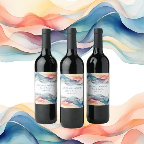 Modern Abstract Color Wave Blue White Wedding Wine Label