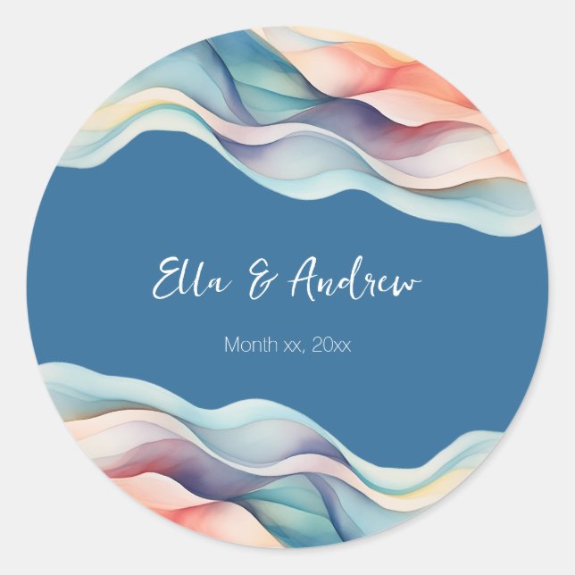 Modern Abstract Color Wave Wedding Classic Round Sticker (Front)