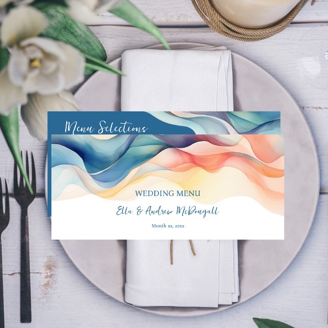 Modern Abstract Color Wave Wedding Menu (Modern Abstract Wedding Design Blue Wedding Reception Menu)