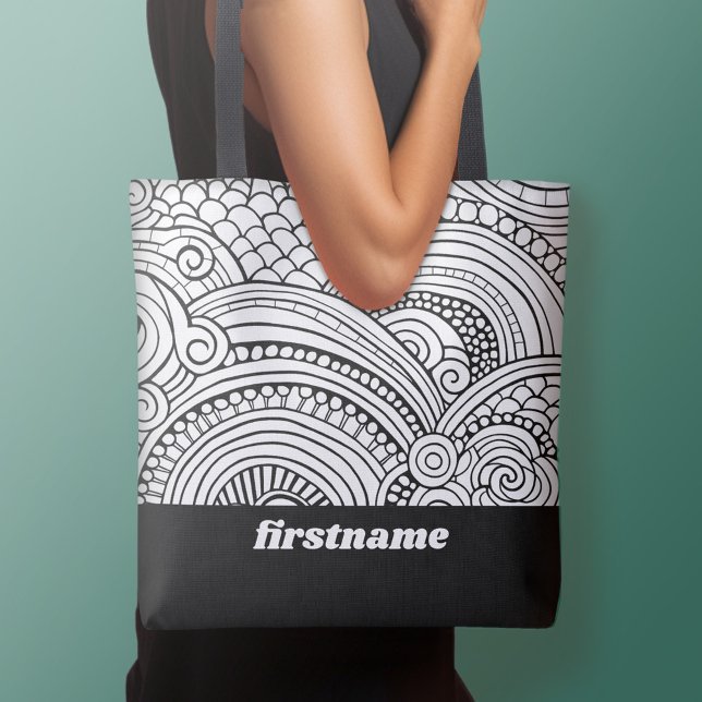 Modern Abstract Coloring Shapes - BW Tote Bag (Personalized tote bag - add your name or other text)