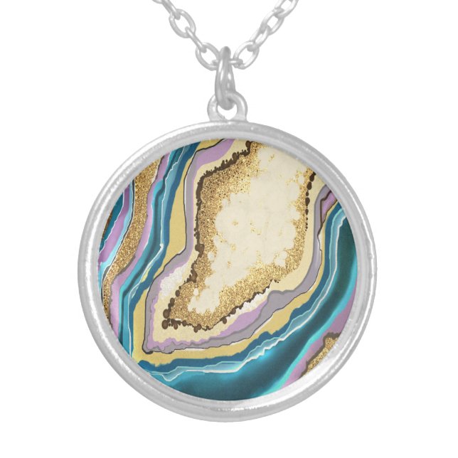 Modern Abstract Coral Blue Agate Geode Gemstone Silver Plated Necklace (Front)