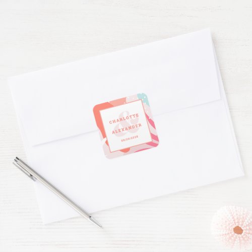 Modern Abstract Coral Wedding Bride  Groom Square Sticker