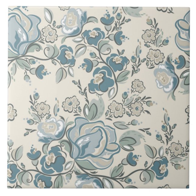 Modern Abstract Cream Blue Floral Ceramic Tile (Front)