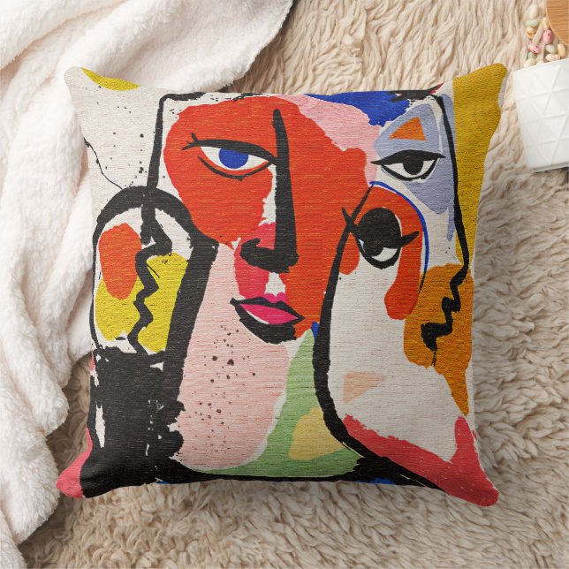 Modern Abstract Cubism Colorful Geometric Portrait Throw Pillow (Blanket)