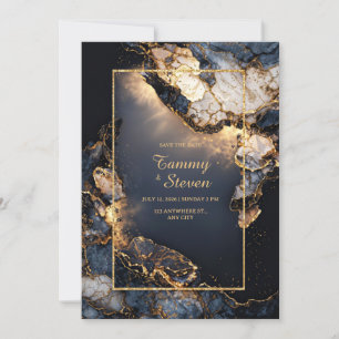 Modern Abstract Dark Navy Gilded Geode Wedding Invitation