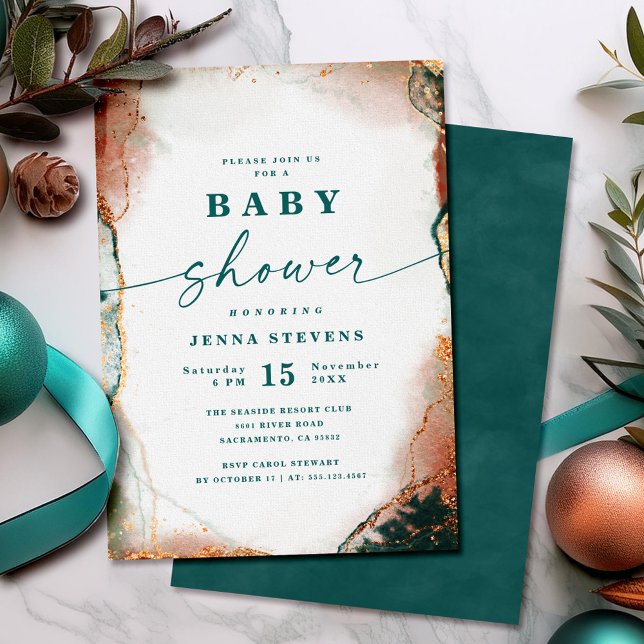 Modern Abstract Dark Teal & Copper Baby Shower Invitation (Modern teal and copper baby shower invitation with abstract design.)