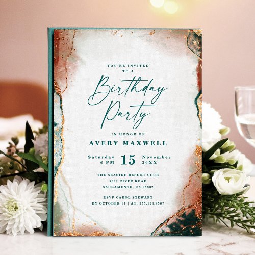 Modern Abstract Dark Teal  Copper Birthday Party Invitation