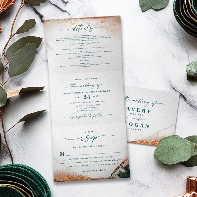 Modern Abstract Dark Teal & Copper Fall Wedding Tri-Fold Invitation (Teal and Copper Abstract All in One Wedding Invitation)