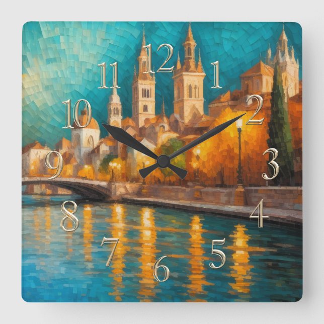 Modern Abstract Design Gold Orange Blue European  Square Wall Clock (Front)
