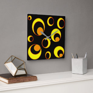 Modern abstract design, yellow circles on black square wall clock