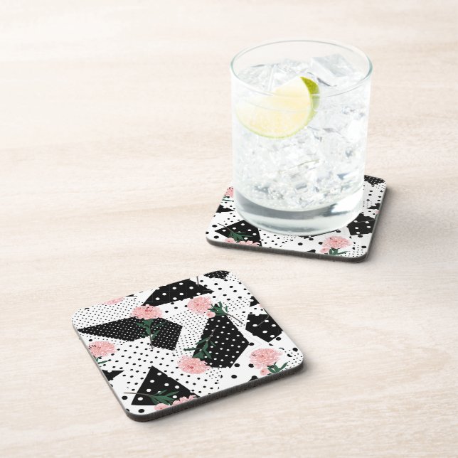 Modern Abstract  Dots and Pink Flowers Beverage Coaster (Right Side)