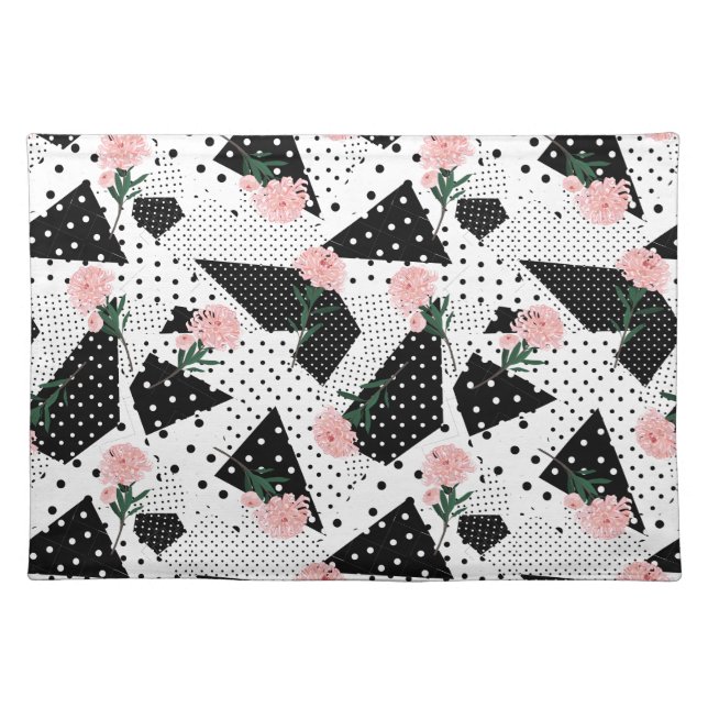 Modern Abstract  Dots and Pink Flowers Cloth Placemat (Front)