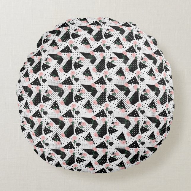 Modern Abstract  Dots and Pink Flowers Round Pillow (Front)