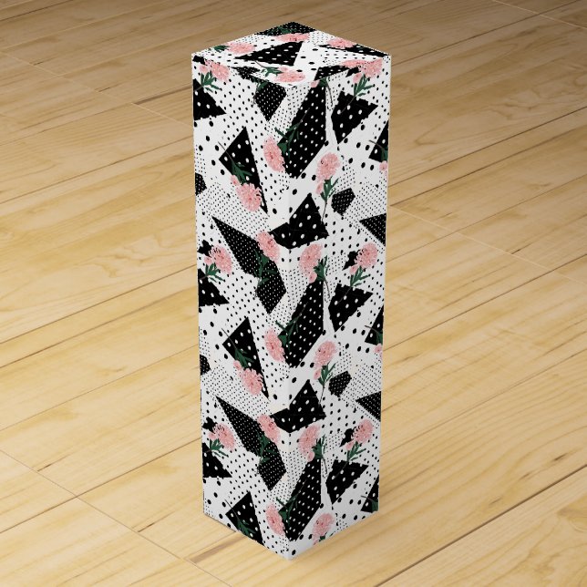Modern Abstract  Dots and Pink Flowers Wine Box (Front)