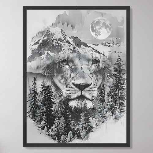 Modern abstract double exposure lion and mountains framed art