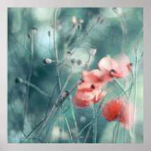 Modern Abstract Dreamy Pink Teal Poppies Floral