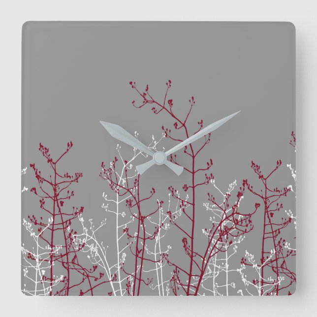 Modern Abstract Elegant Burgundy Flowers on Grey Square Wall Clock (Front)