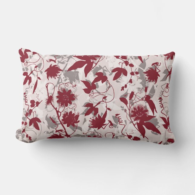 Modern Abstract Elegant Gray Burgundy Floral Lumbar Pillow (Front)