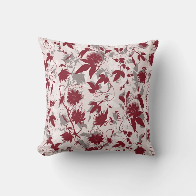 Modern Abstract Elegant Gray Burgundy Floral  Throw Pillow (Front)
