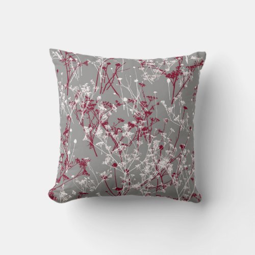 Modern Abstract Elegant Wildflowers Gray Burgundy Throw Pillow