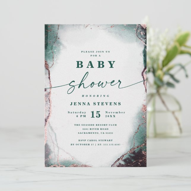 Modern Abstract Emerald Green Baby Shower Invitation (Standing Front)