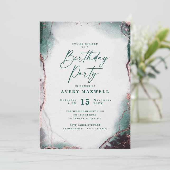 Modern Abstract Emerald Green Birthday Party Invitation (Standing Front)