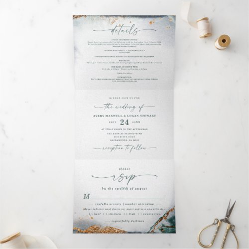 Modern Abstract Eucalyptus Green Budget Wedding Tri_Fold Invitation