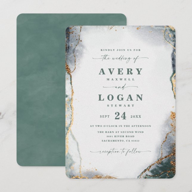 Modern Abstract Eucalyptus Green & Gold Wedding Invitation (Front/Back)