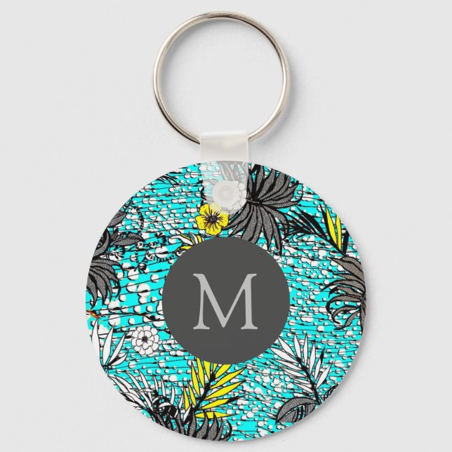 Modern Abstract Exotic Floral Art Monogram Keychain (Back)