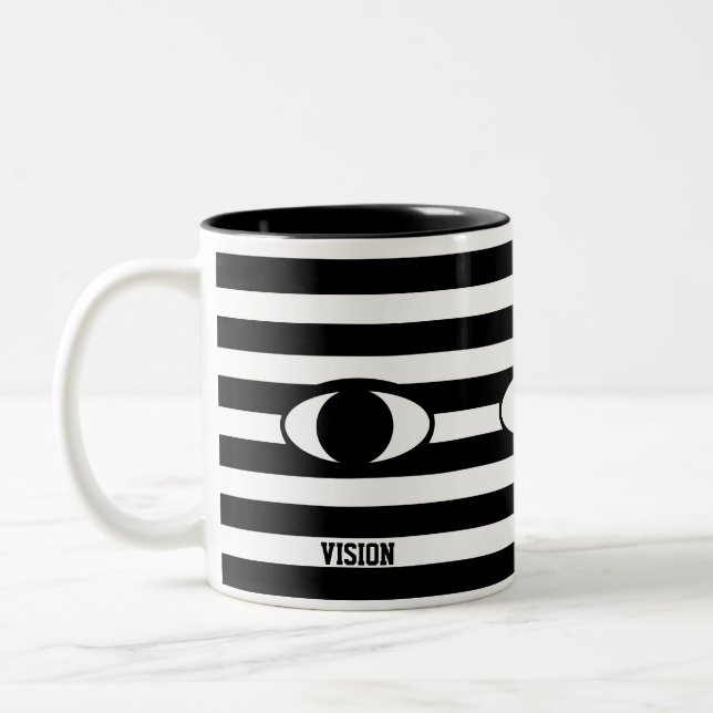Modern Abstract Eye on Black & White Striped Two-Tone Coffee Mug (Left)