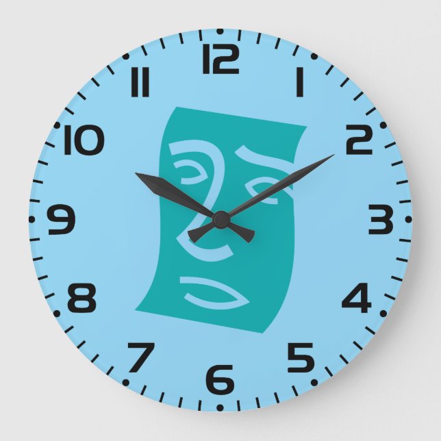 Modern Abstract Face Line Art Teal Large Clock (Front)