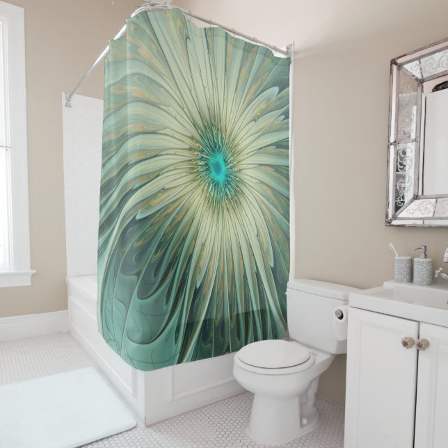 Modern Abstract Fantasy Flower Turquoise Wheat Shower Curtain (In Situ)