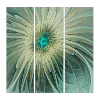 Modern Abstract Fantasy Flower Turquoise Wheat Triptych (3) 36