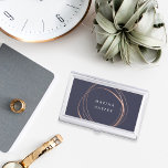 Modern Abstract Faux Rose Gold Business Card Case<br><div class="desc">Sleek and feminine business card holder features your name in modern white lettering,  encircled by a faux rose gold foil abstract circle element on a rich midnight blue background.</div>