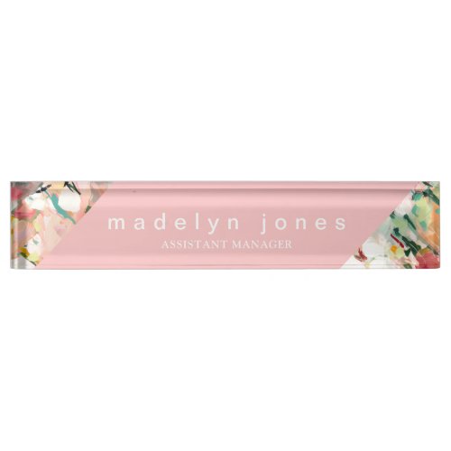 Modern Abstract Floral Art Pink Personalized Desk Name Plate