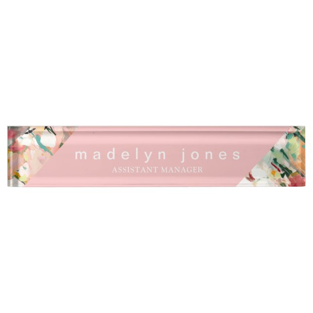 Modern Abstract Floral Art Pink Personalized Desk Name Plate (Front)