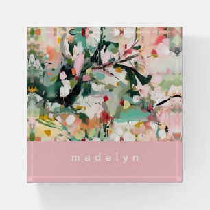 Modern Abstract Floral Art Pink Personalized Paperweight