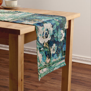 Modern Abstract Floral Blue Green Yellow White Medium Table Runner