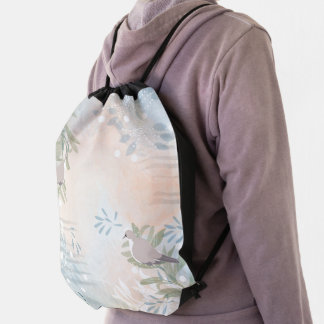 Modern Abstract Floral Botanical Bird Drawstring Bag