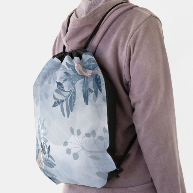 Modern Abstract Floral Botanical Bird Drawstring Bag (Insitu)